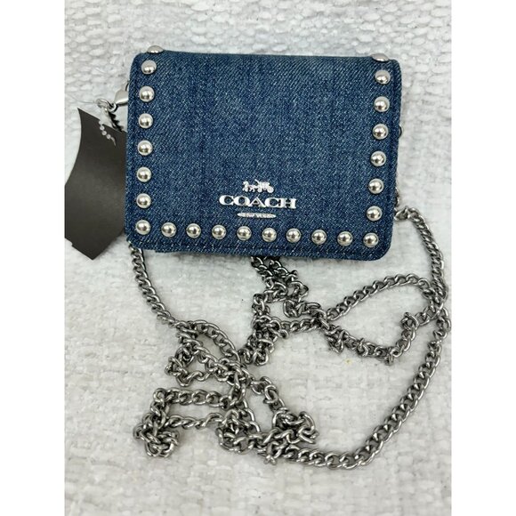 Coach Studded Blue Denim Wallet With Chain Strap #100504 - Picture 1 of 8